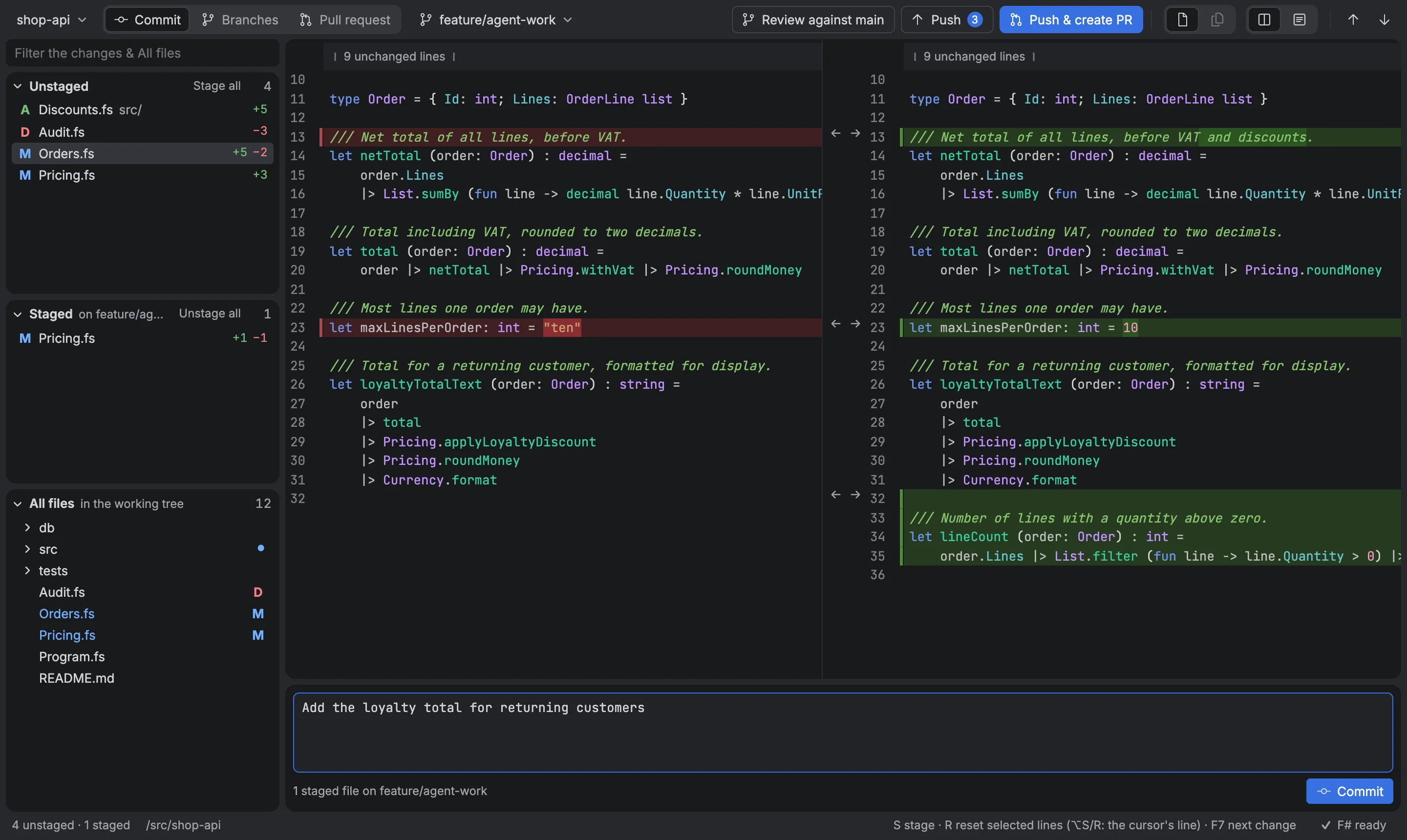 Arnold in Commit mode: the Unstaged and Staged lists, a side-by-side diff of an F# file with an agent's fix, the commit message, and Review against main, Push and Push & create PR in the toolbar