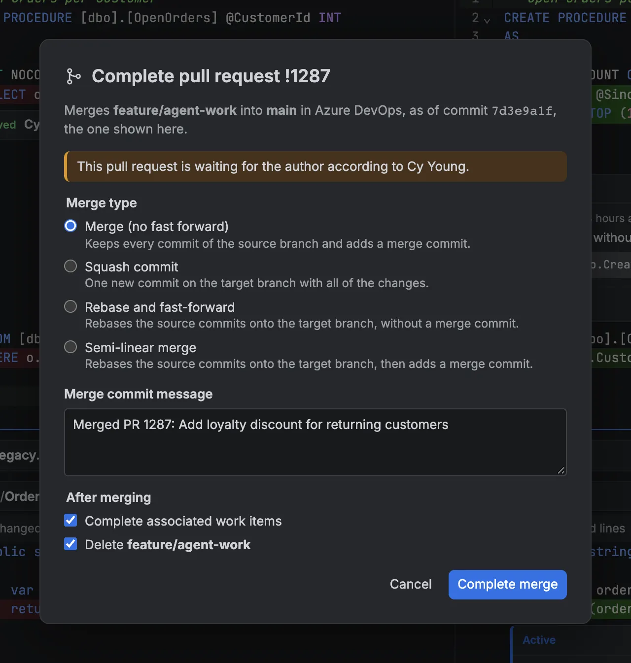 The Complete pull request dialog: merge type, commit message and what to do after merging