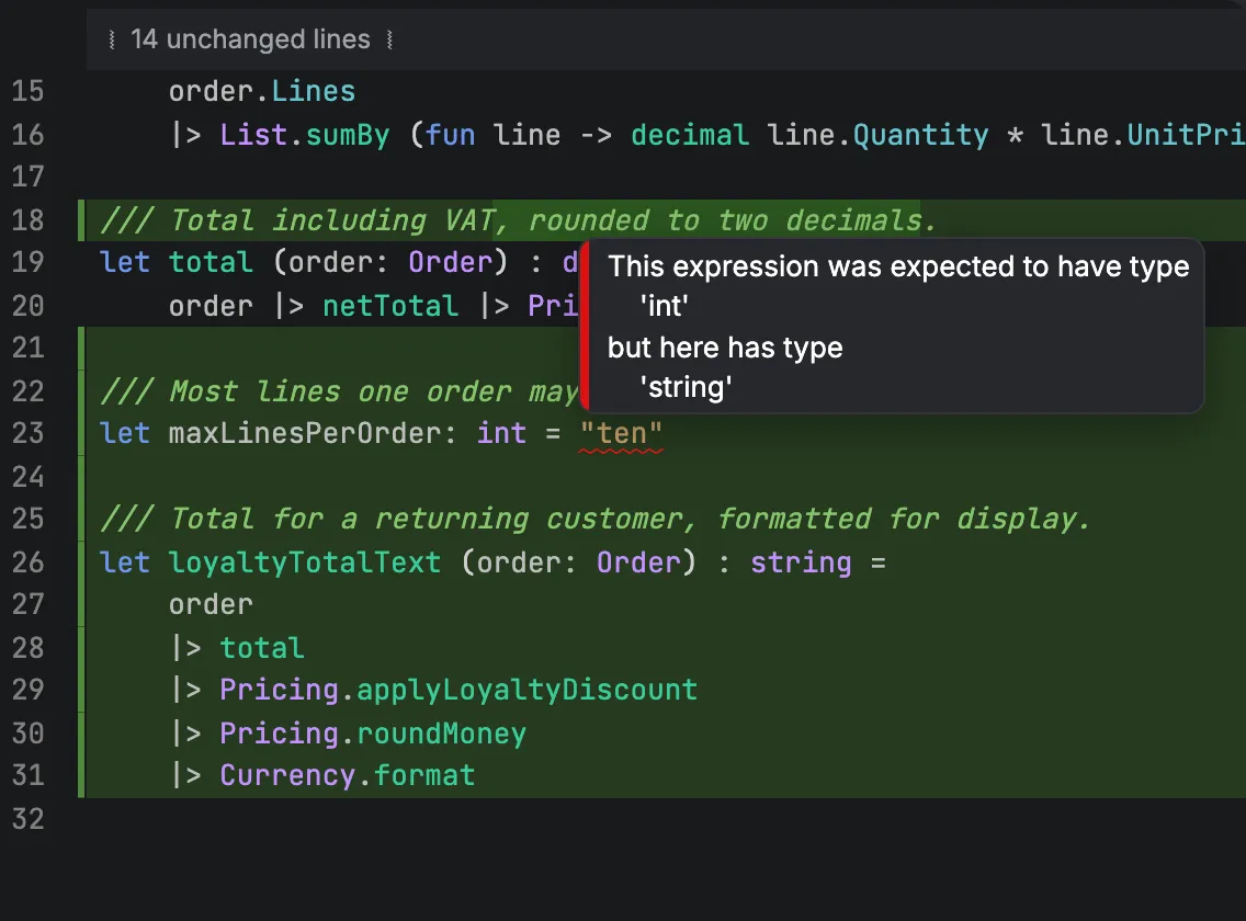 A type error in the diff: hovering shows the expression was expected to have type int but has type string