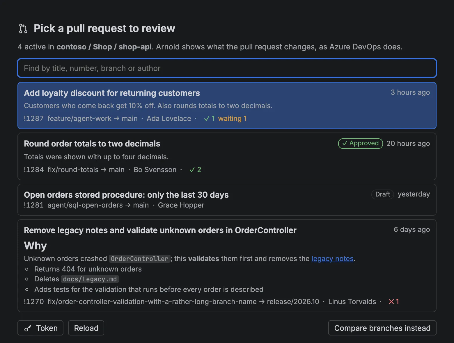 The list of active pull requests, with descriptions, votes, an Approved tag and a draft