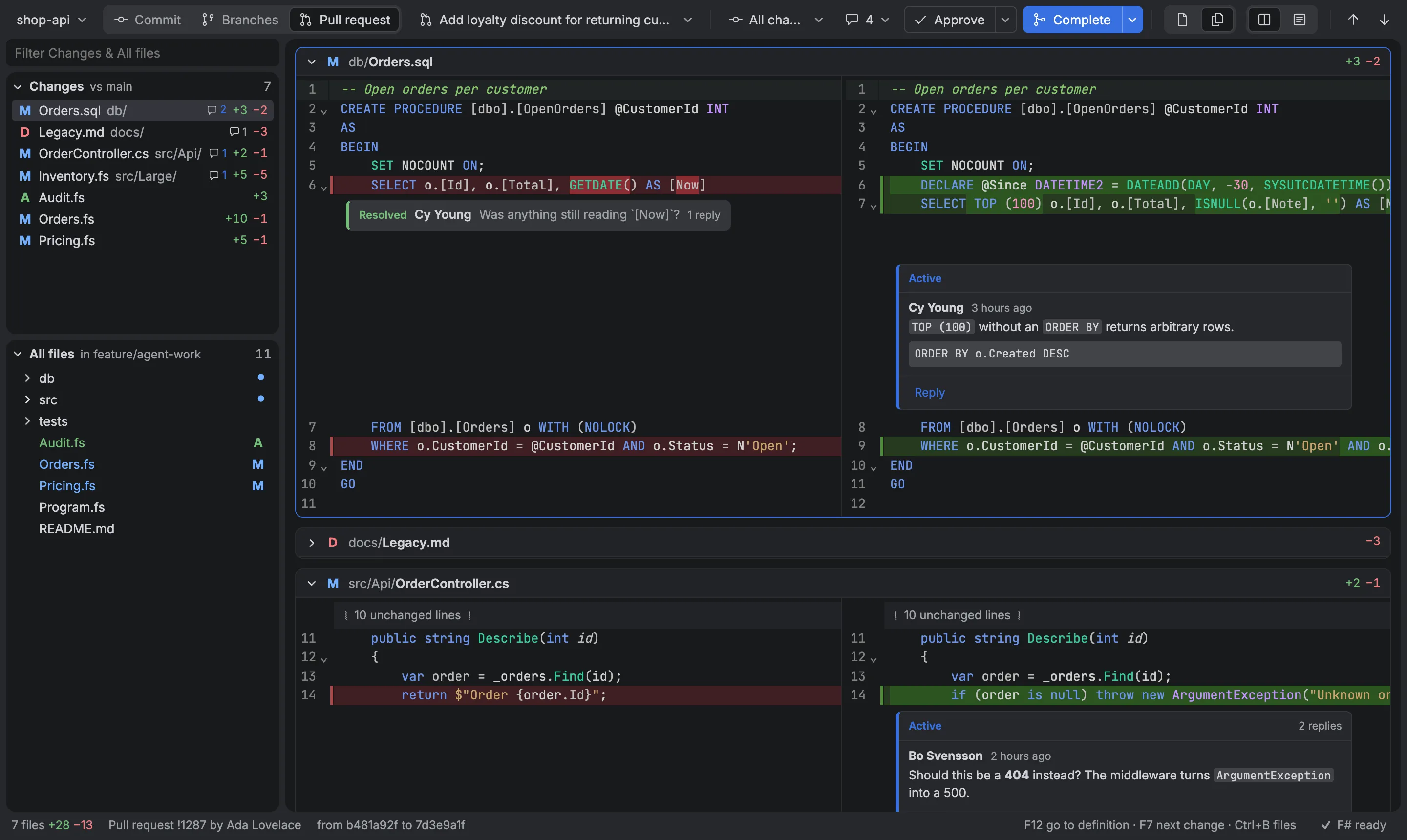 Arnold reviewing an Azure DevOps pull request: the files dock, the side-by-side diff with discussions, and Approve and Complete in the toolbar